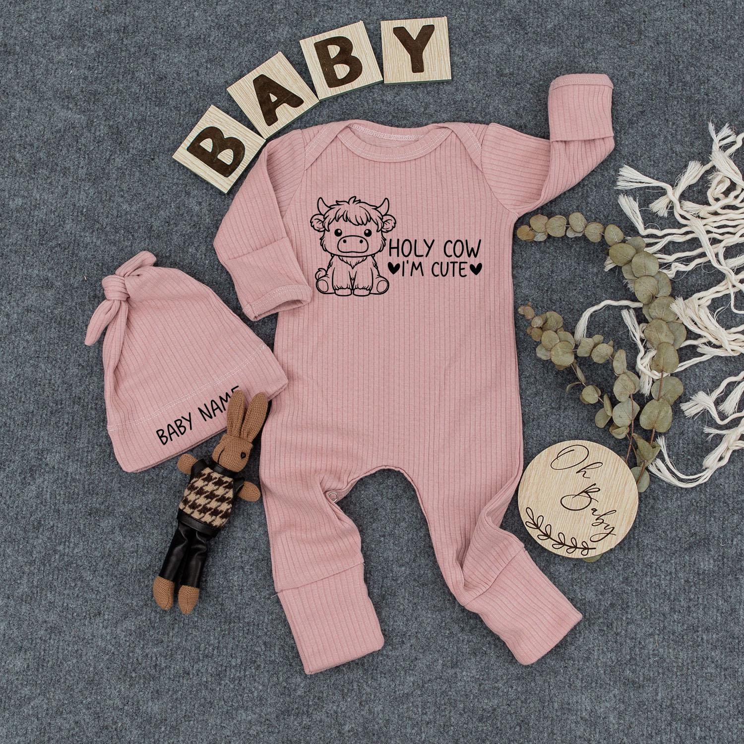 Holy Cow I'm Cute Baby Bodysuit and Hat Set Minimalist Cartoon Cow Design Gender Neutral Newborn Gift Going Home Outfit Pregnancy Reveal