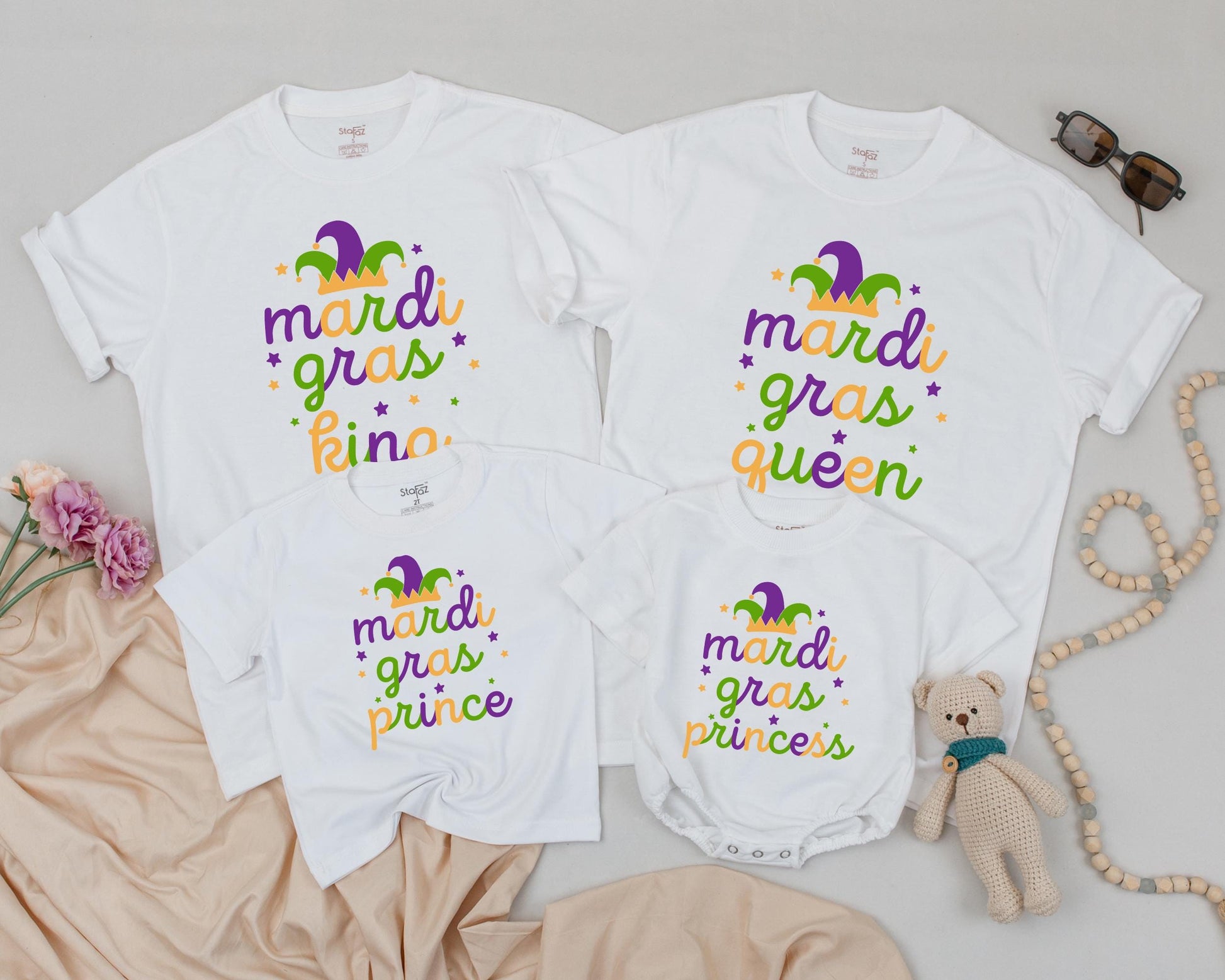 Personalized Matching Family Mardi Gras Shirts King Queen Prince Princess Set Jester Hat Purple Green Gold Star Fun Holiday Outfits