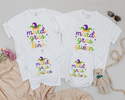 Personalized Matching Family Mardi Gras Shirts King Queen Prince Princess Set Jester Hat Purple Green Gold Star Fun Holiday Outfits