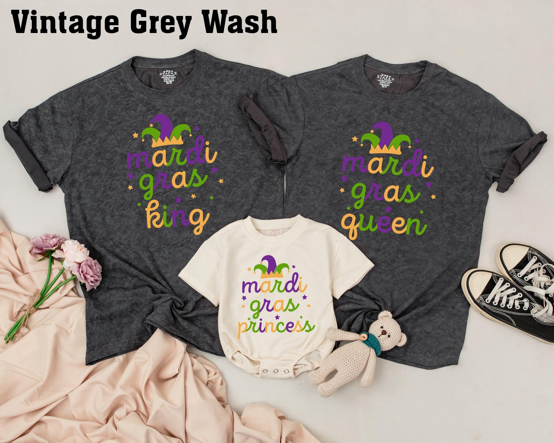 Personalized Matching Family Mardi Gras Shirts King Queen Prince Princess Set Jester Hat Purple Green Gold Star Fun Holiday Outfits