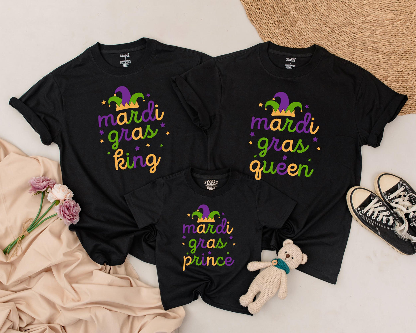 Personalized Matching Family Mardi Gras Shirts King Queen Prince Princess Set Jester Hat Purple Green Gold Star Fun Holiday Outfits