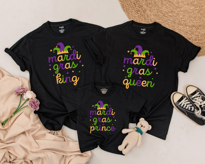 Personalized Matching Family Mardi Gras Shirts King Queen Prince Princess Set Jester Hat Purple Green Gold Star Fun Holiday Outfits