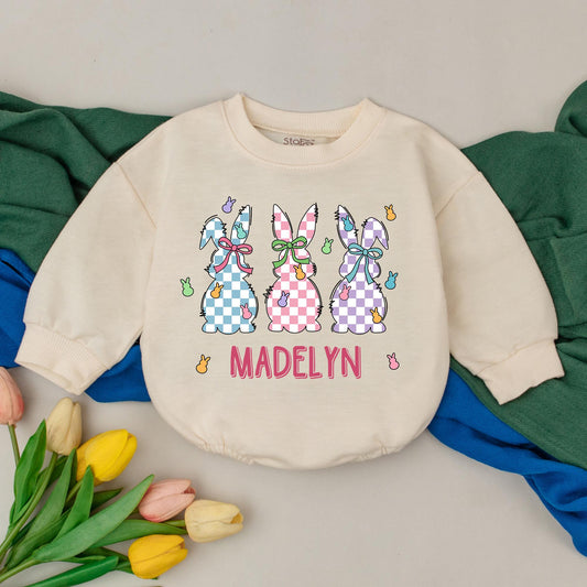 Personalized Easter Bunny Bubble Romper Baby Gift Custom Name First Easter Outfit Infant Girl Boy Romper