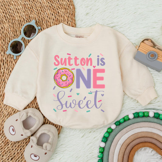 Sweet One Pink Lavender Donut Romper - Custom Baby Girl Birthday Outfit with Donut Design & Smash Cake Fun, Baby Shower Gift
