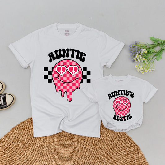Personalized Checkered Aunt Niece & Nephew Matching Tees Auntie's Bestie Shirt Baby Gift Outfit