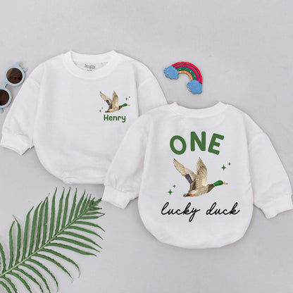 Personalized One Lucky Duck 1st Birthday Romper Boy Wild One Watercolor Flying Duck Design Green Orange Brown Stars Custom Name Option