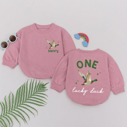 Personalized One Lucky Duck 1st Birthday Romper Boy Wild One Watercolor Flying Duck Design Green Orange Brown Stars Custom Name Option