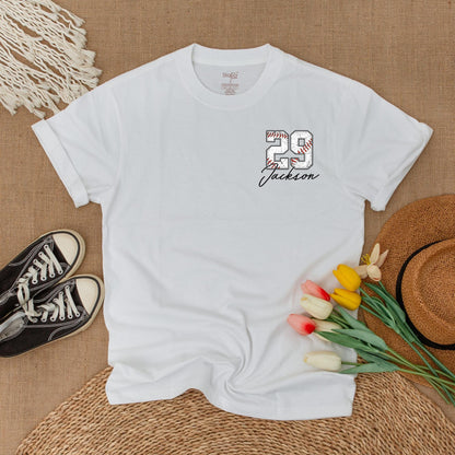 Custom Baseball Pocket Shirt - Baseball Mom Tee, Personalized Baseball Number Comfort Colors, Baseball Fan Gift, Spring Baseball Season