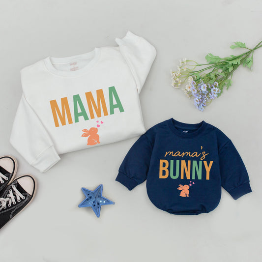 Personalized Mama Bunny & Me Easter Sweatshirt Family Matching Outfits Custom Easter Bunny Baby Romper Comfort Gift