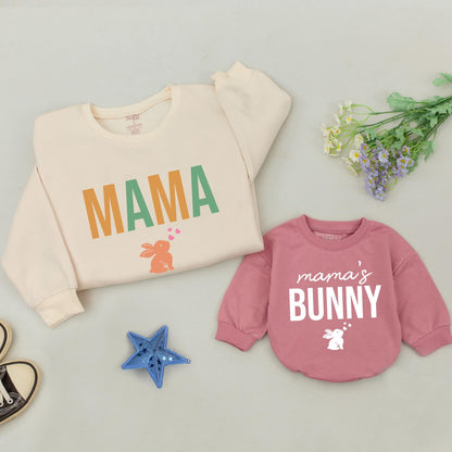 Personalized Mama Bunny & Me Easter Sweatshirt Family Matching Outfits Custom Easter Bunny Baby Romper Comfort Gift