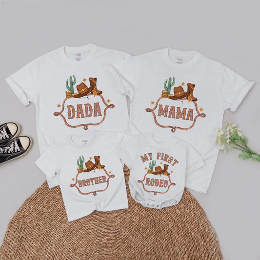 My 1st Rodeo Birthday Family T-Shirt Set Western Baby Boy First Rodeo Outfit Matching Mom, Dad, & Baby Girl
