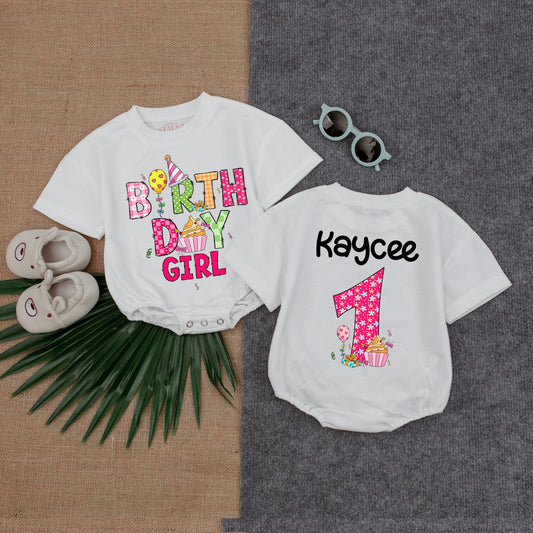 Birthday Girl Bubble Romper Cupcake Smocked Dress Personalized Custom Name Gift for Baby Girl First Birthday Outfit Cotton Comfortable Summer