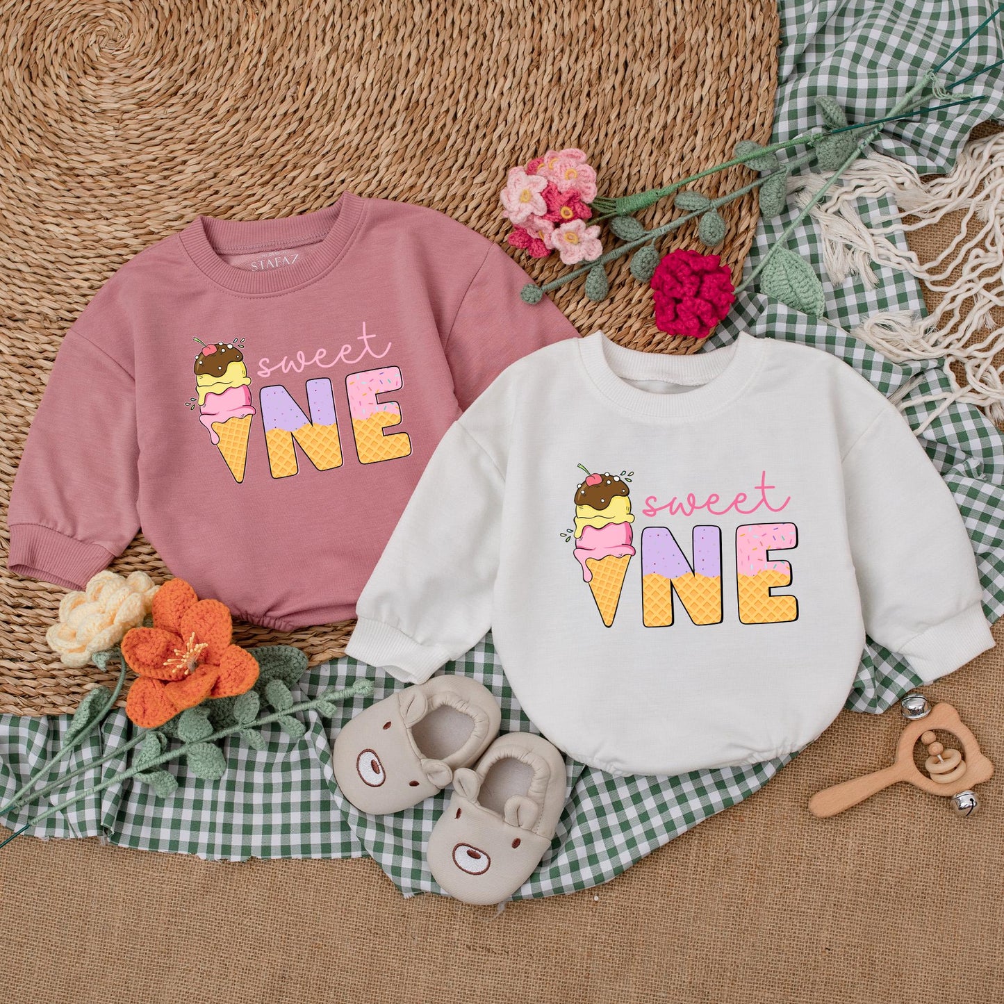 Personalized Sweet One Ice Cream Romper Girl First Birthday Outfit Baby Ice Cream Party Outfit Custom Name Ice Cream Bodysuit