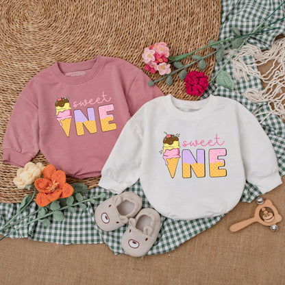 Personalized Sweet One Ice Cream Romper Girl First Birthday Outfit Baby Ice Cream Party Outfit Custom Name Ice Cream Bodysuit