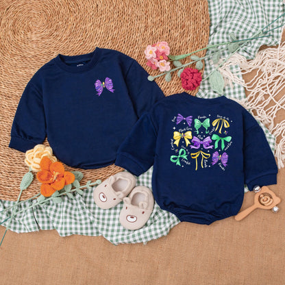 Mardi Gras Baby Girl Romper Outfit with Bow, Cute Bodysuit Bubble Romper, Festive Shower Gift Idea, Retro Mardi Gras Baby Clothes