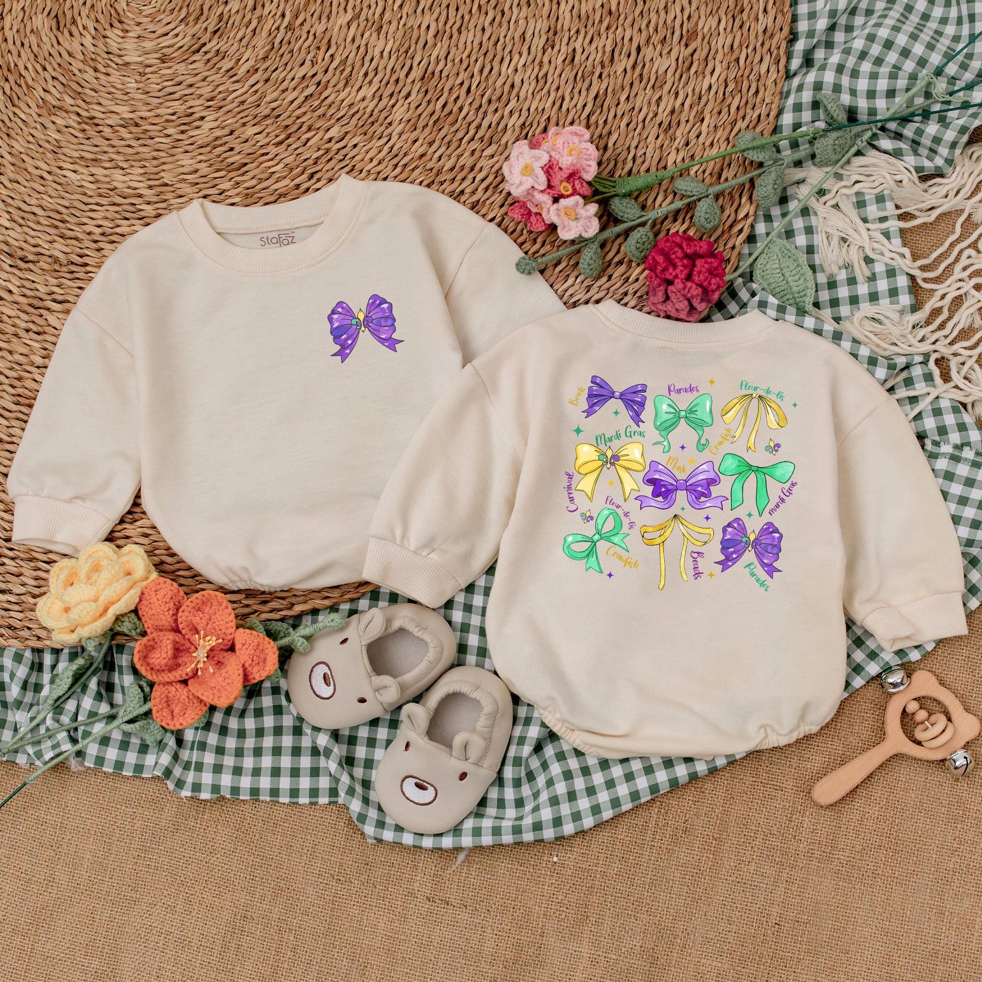 Mardi Gras Baby Girl Romper Outfit with Bow, Cute Bodysuit Bubble Romper, Festive Shower Gift Idea, Retro Mardi Gras Baby Clothes