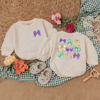 Mardi Gras Baby Girl Romper Outfit with Bow, Cute Bodysuit Bubble Romper, Festive Shower Gift Idea, Retro Mardi Gras Baby Clothes