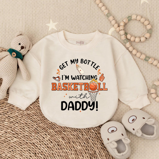 Get My Bottle Watching Basketball with Daddy Bubble Romper Football Baby Bodysuit Game Day Outfit Sports Football Baby Clothes
