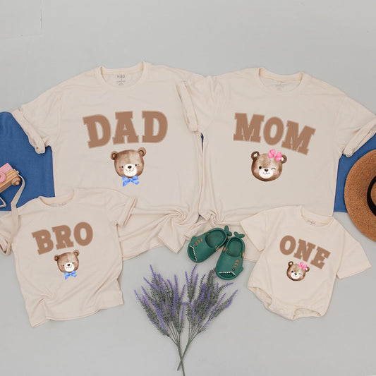 Beary Cute Family Birthday Shirts, Brown Shadow Text Dad Mom Bro One & Watercolor Teddy Bears, Matching First Birthday Party Outfits, Fun 1st Birthday Tee