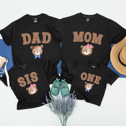 Beary Cute Family Birthday Shirts, Brown Shadow Text Dad Mom Bro One & Watercolor Teddy Bears, Matching First Birthday Party Outfits, Fun 1st Birthday Tee