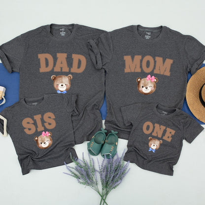 Beary Cute Family Birthday Shirts, Brown Shadow Text Dad Mom Bro One & Watercolor Teddy Bears, Matching First Birthday Party Outfits, Fun 1st Birthday Tee