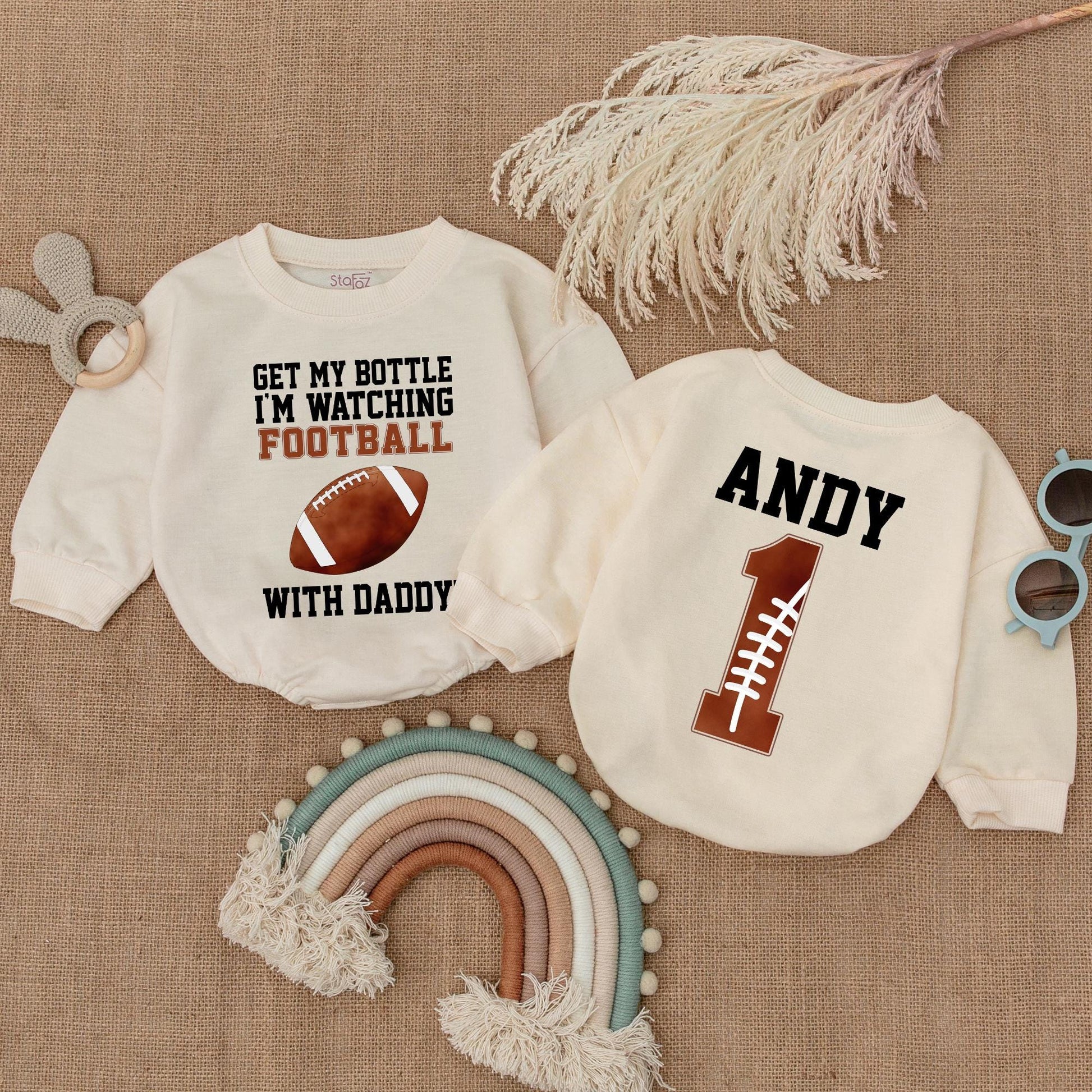 Get My Bottle I'm Watching Football with Daddy Baby Boy Bubble Romper Game Day Outfit Newborn Sports Football Clothes
