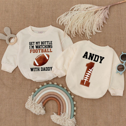 Get My Bottle I'm Watching Football with Daddy Baby Boy Bubble Romper Game Day Outfit Newborn Sports Football Clothes