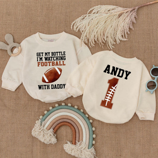 Get My Bottle I'm Watching Football with Daddy Baby Boy Bubble Romper Game Day Outfit Newborn Sports Football Clothes