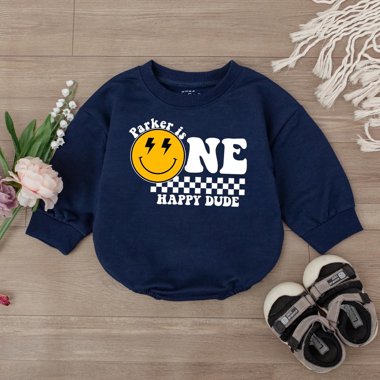 Custom 1st Birthday Bodysuit One Happy Dude Smiley Face Outfit Baby Boy First Birthday Clothes Personalized Gift