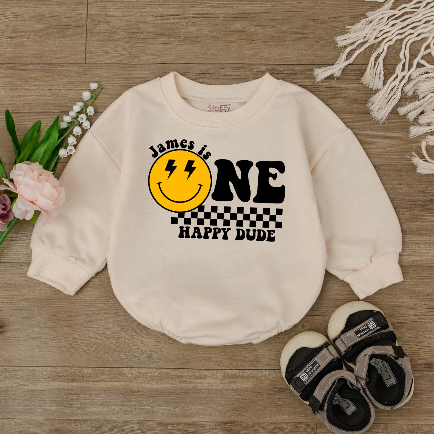 Custom 1st Birthday Bodysuit One Happy Dude Smiley Face Outfit Baby Boy First Birthday Clothes Personalized Gift