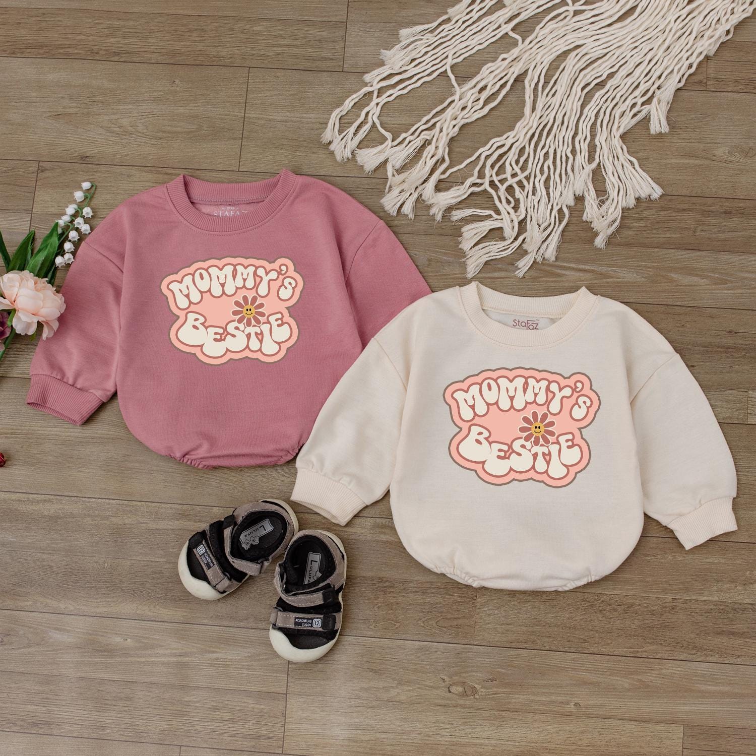 Mommy's Bestie Retro Baby Girl Romper Mama Daughter Clothes I Love Mom Gift Newborn Little Girl Outfit Big Sister