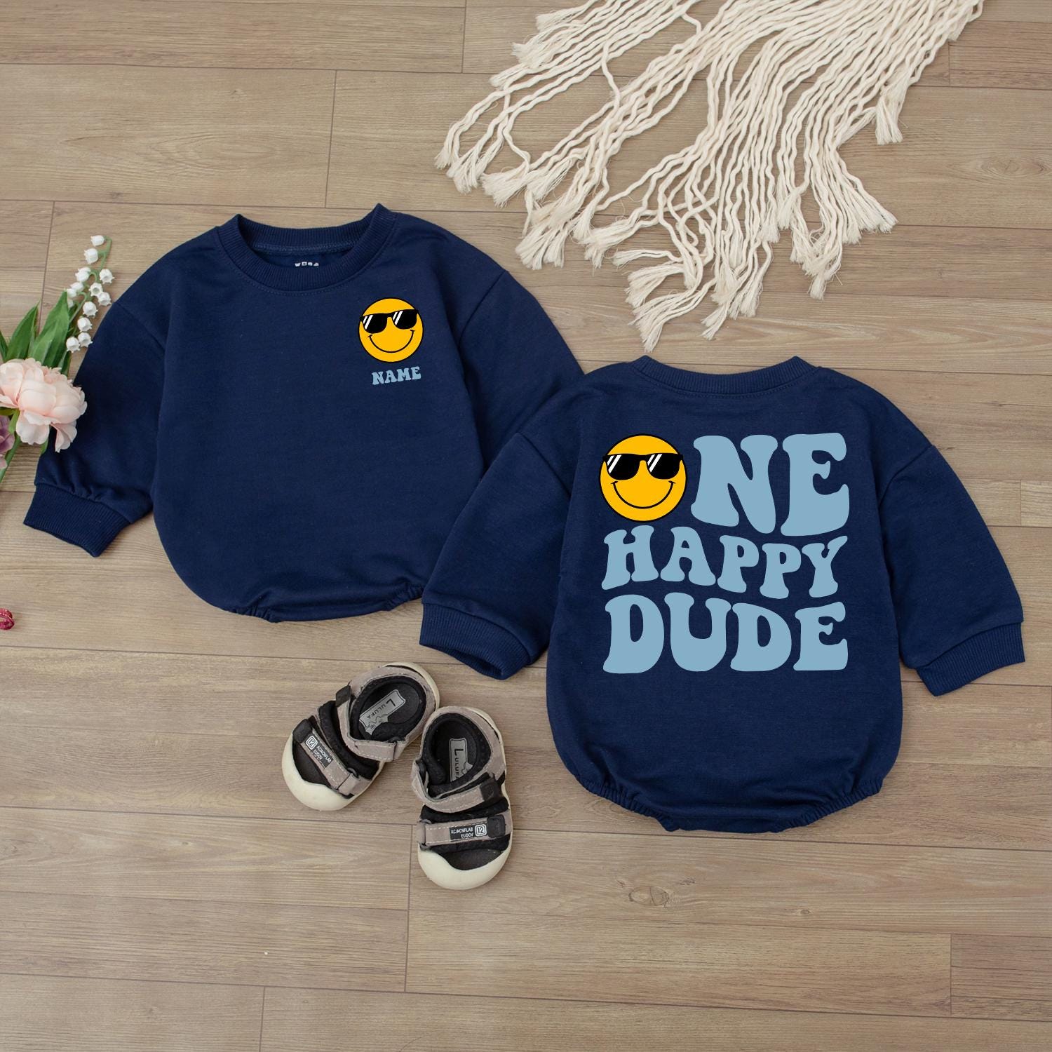 One Happy Dude Birthday Bodysuit Smiley Face First Birthday Outfit Personalized Baby Boy Clothes Custom Name Gift