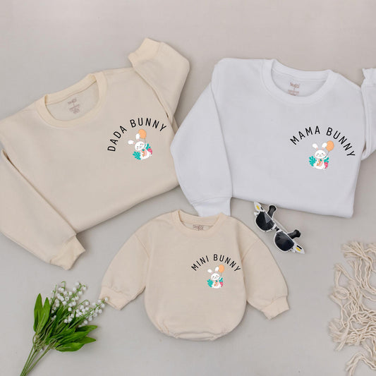 Personalized Mama Bunny Mini Bunny Easter Sweatshirt and Baby Romper Set Mommy and Me Holiday Apparel Soft Cotton Comfortable Gift