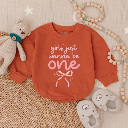 Girls Just Wanna Be One" Pink Bow First Birthday Bubble Romper Outfit Baby Girl Onederful Party Celebration Soft Cotton Cake Smash Gift