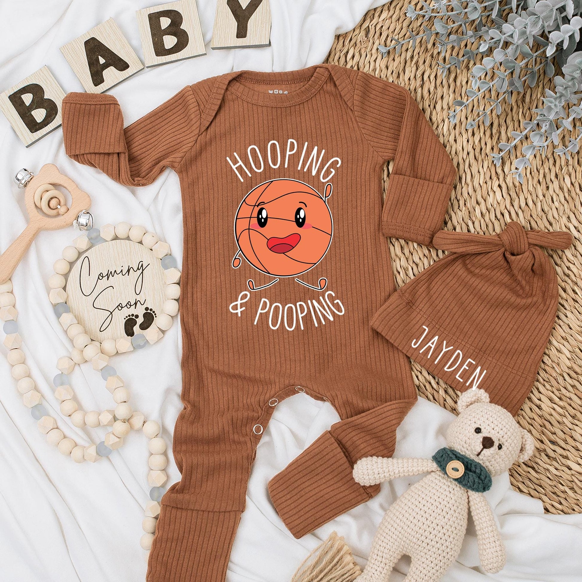 Hooping & Pooping Basketball Baby Bodysuit Cute Cartoon Outfit Baby Shower Gift Going Home Newborn Clothing