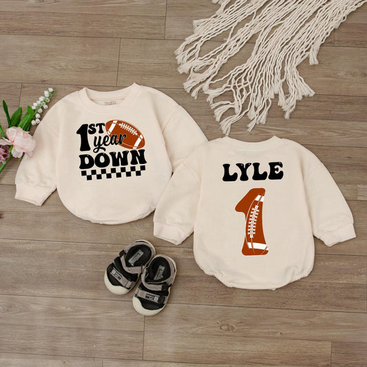 Personalized Matching Family Football 1st Birthday Baby Boy Romper First Year Down Outfit Sport Game Day Bodysuit One Year Old Jumpsuit Cute