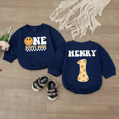 One Happy Dude Birthday Bodysuit for Boys First Birthday Smiley Face Outfit Custom Name Toddler Baby Clothes