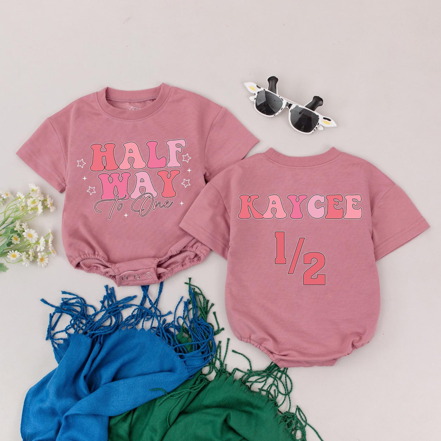 Personalized Half Way To One Romper for Baby Girl Half Birthday Outfit 6 Months Celebration Gift Soft Cotton Comfortable