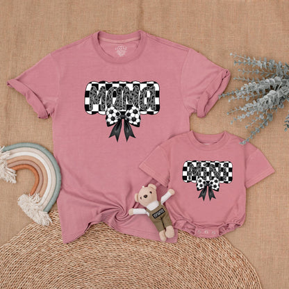 Retro Soccer Mama and Mini Matching Shirts Gray Leopard Bow Checkered Soccer Mama Mommy and Me Game Day Outfits