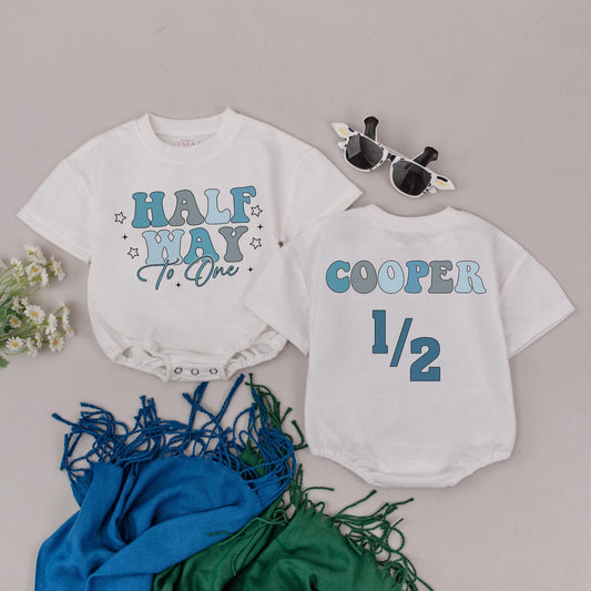 Personalized Half Way To One Romper Blue Gray Star Design 6 Months Baby Boy Outfit Shower Gift