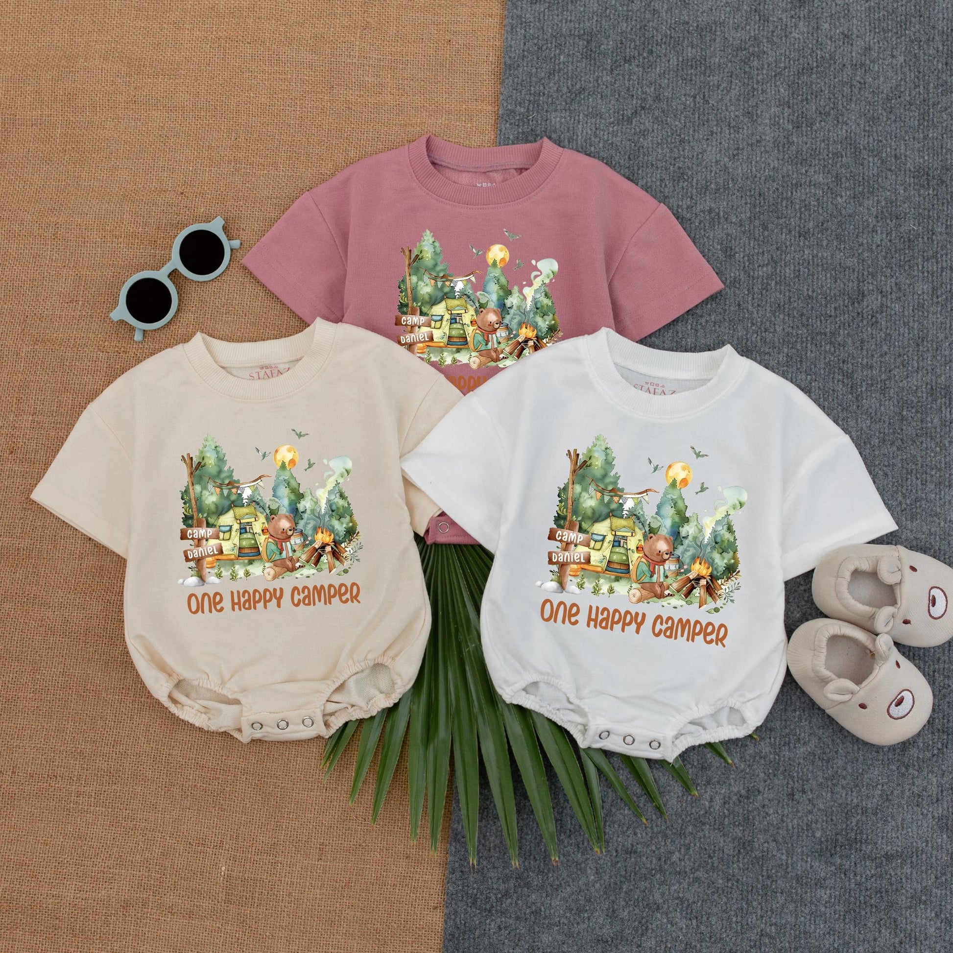 Custom One Happy Camper Baby Romper, Personalized Name Camping First Birthday Outfit, Girl Bubble Romper, Fun Party Gift
