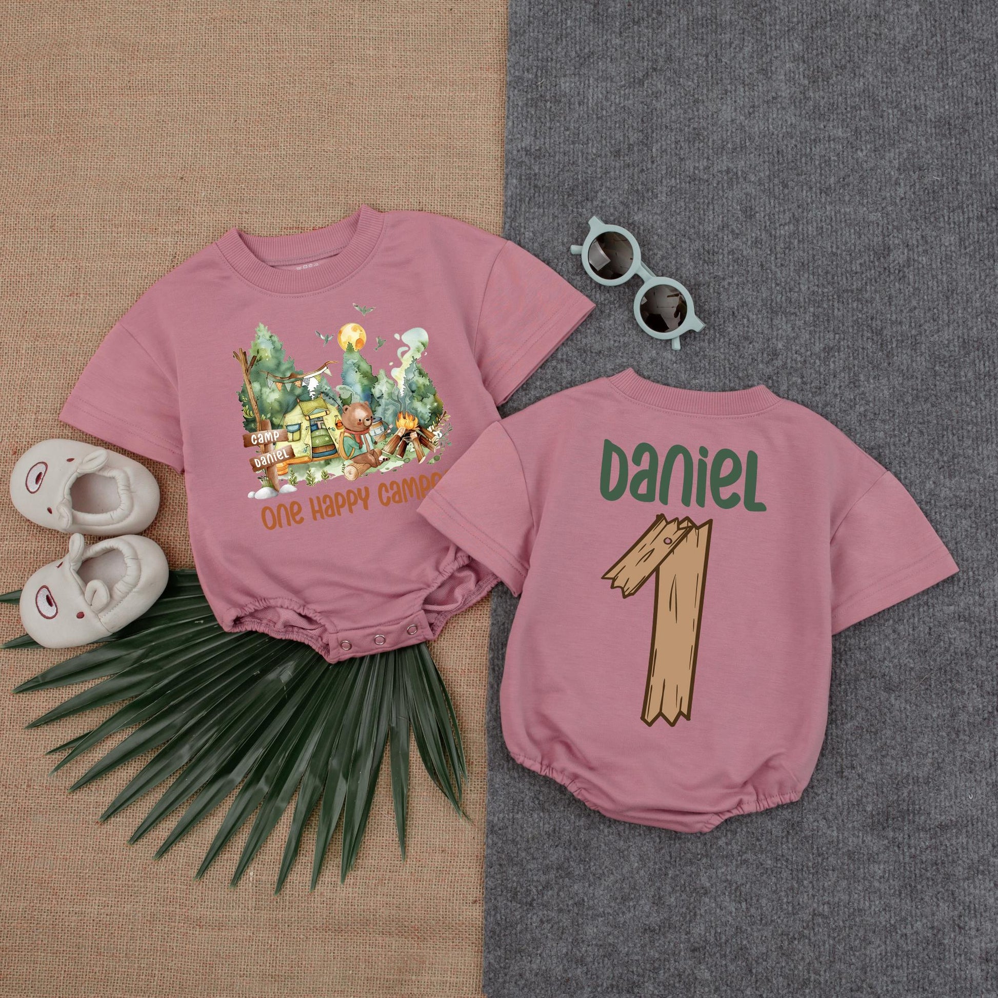 Custom One Happy Camper Baby Romper, Personalized Name Camping First Birthday Outfit, Girl Bubble Romper, Fun Party Gift
