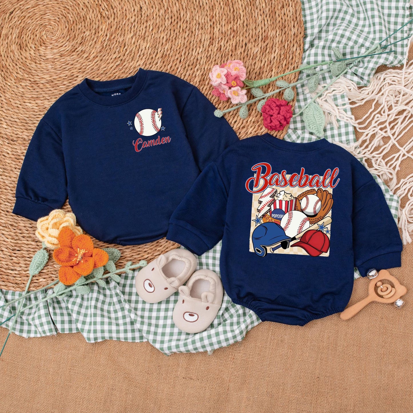 Retro Baseball Baby Romper Personalized Game Day Bubble Bodysuit for Baseball Season Newborn Shower Gift