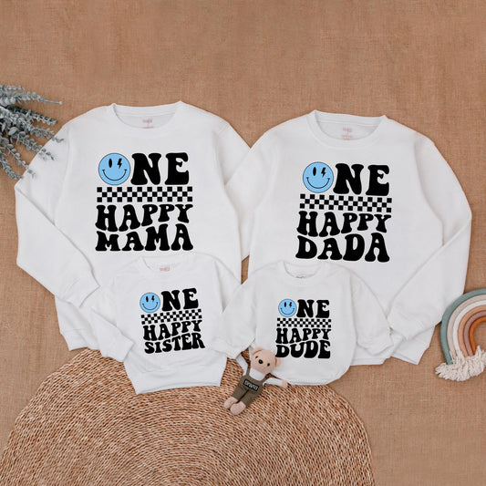 One Happy Dude Birthday Family Sweatshirt Blue Face Matching Outfit Cool Dude