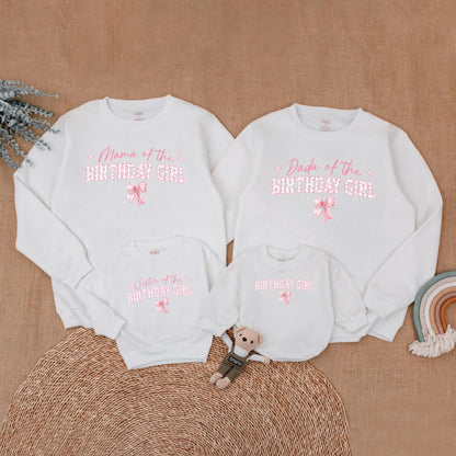 Playful Pink Bow First Birthday Family Matching Outfit Mama Dada Sister Sweatshirt Girl Celebration Sweet Pink Tone Starburst Design