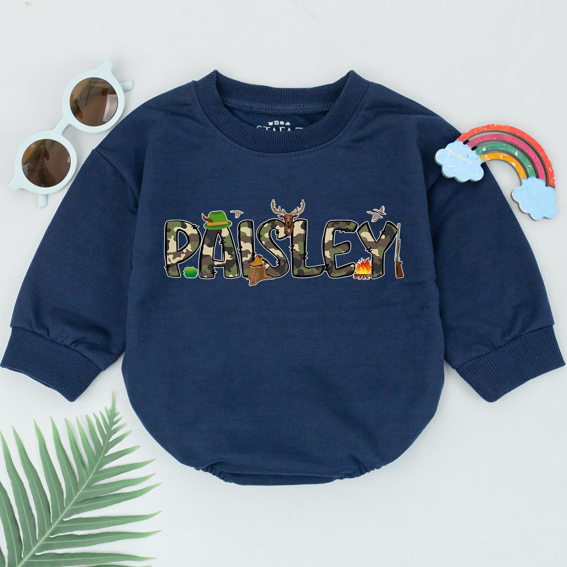 Personalized PAISLEY Camo Baby Romper Cute Deer Hunting Boots Campfire Birds Going Home Outfit Newborn Boy Shower Gift