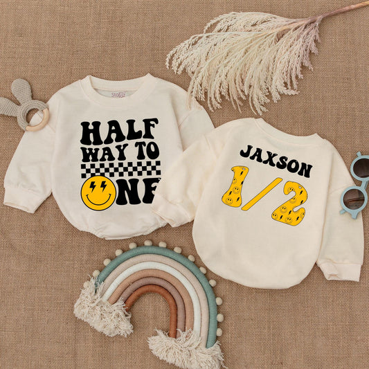 Halfway to One Smiley Baby Romper Boy 1/2 Birthday Outfit, Baby Shower Gift, 1st Birthday, Happy Dude, Summer Infant Clothes