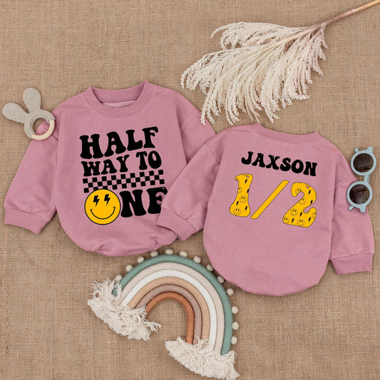 Halfway to One Smiley Baby Romper Boy 1/2 Birthday Outfit, Baby Shower Gift, 1st Birthday, Happy Dude, Summer Infant Clothes