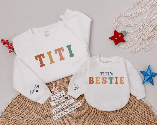 Custom Name Titi and Titi's Bestie Matching Sweatshirts for Auntie and Niece Baby Romper Outfit Comfortable Soft Aunt Baby Shower Gift