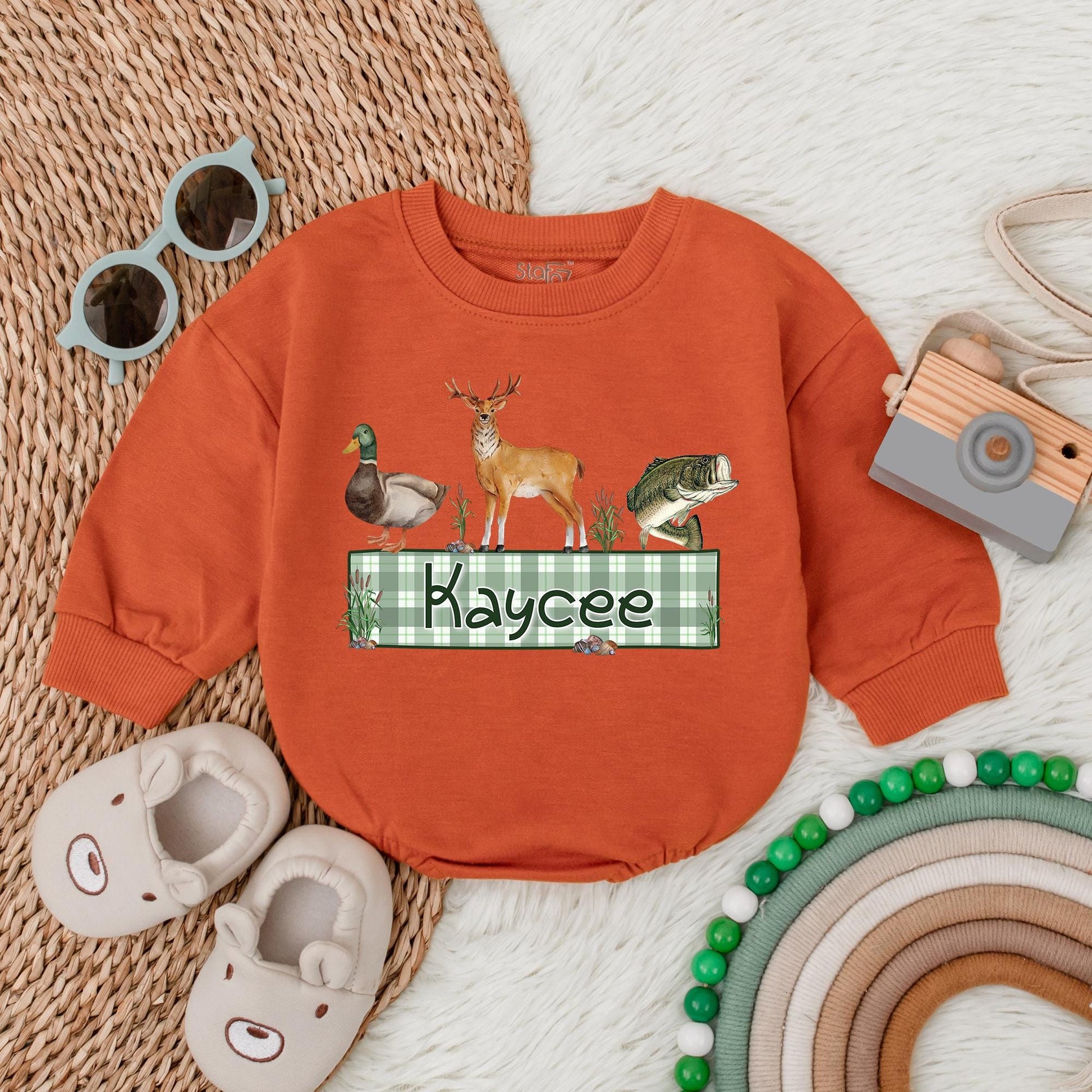 Personalized Name Mallard Duck Hunting Romper Sweater, Boy Ducking Hunter Baby Romper, Ducks Deer Fishing, hunting buddy, Newborn Bodysuit